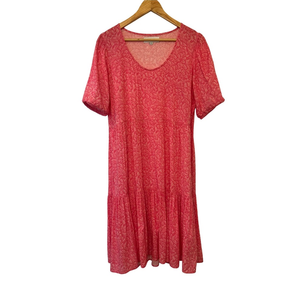 Roma EcoVero Pink Tiered Midi Dress S Botanical Print Puff Sleeve Pockets Summer